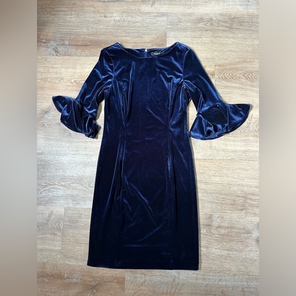 DKNY Midnight Blue Velvet Bell Sleeve  A Line Midi Cocktail Dress Size 6 - Picture 10 of 11